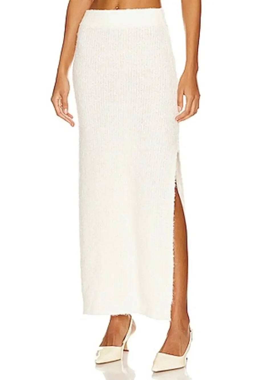 House of Harlow Skirt Maxi Soft Eyelash Teddy Ivory Fuzzy Slit NWOT Small Cozy - Picture 1 of 6